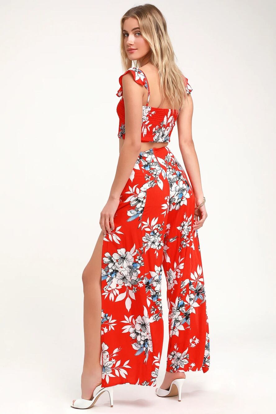 Lulus All Abloom Red Orange Floral Print Matching Two-Piece Jumpsuit S